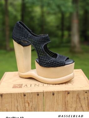 Jeffrey Campbell Black Perforated Suede Platform Sandals with Natural Wood Heel